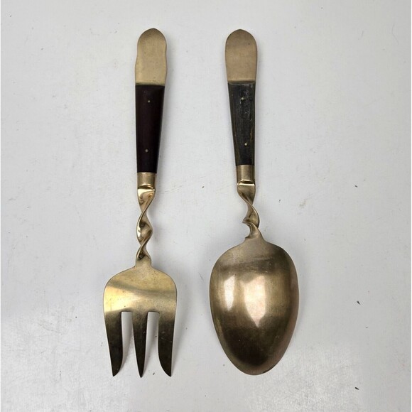 Vintage Large Serving Fork & Spoon Buddha Bronze Brass Rosewood Siam Thailand 10 - Picture 3 of 11